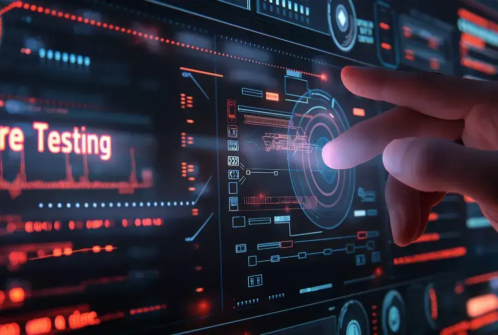 A hand touches a digital screen with text Software Testing and icons