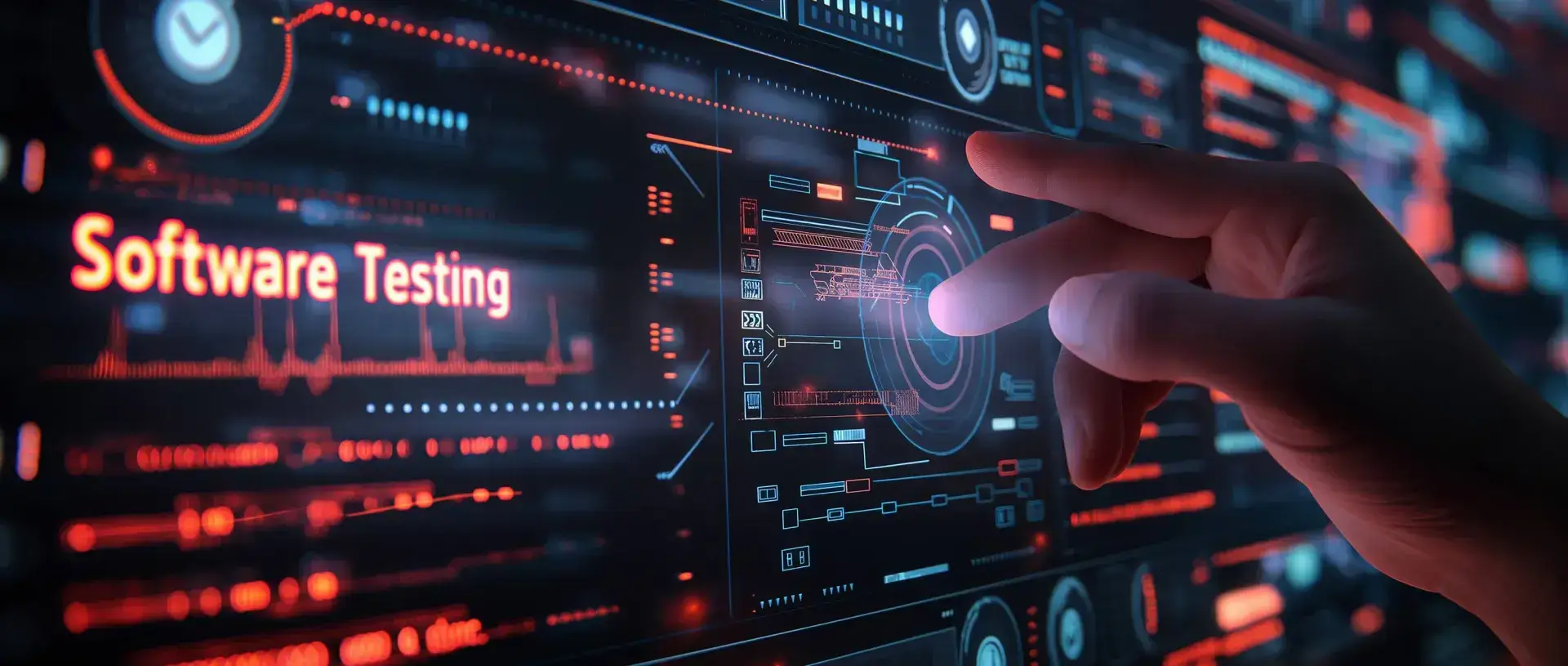 A hand touches a digital screen with text Software Testing and icons